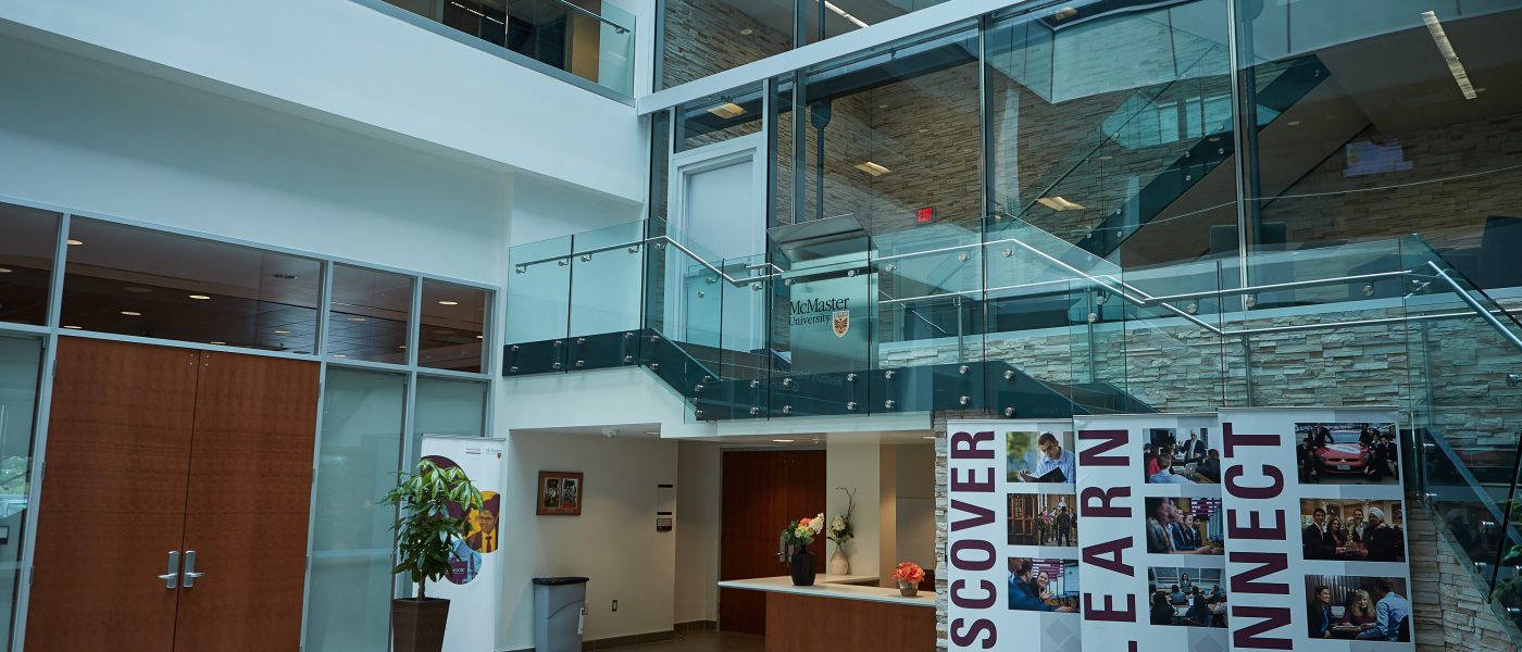 Photo of the glass staircase in the McMaster University Ron Joyce Centre building